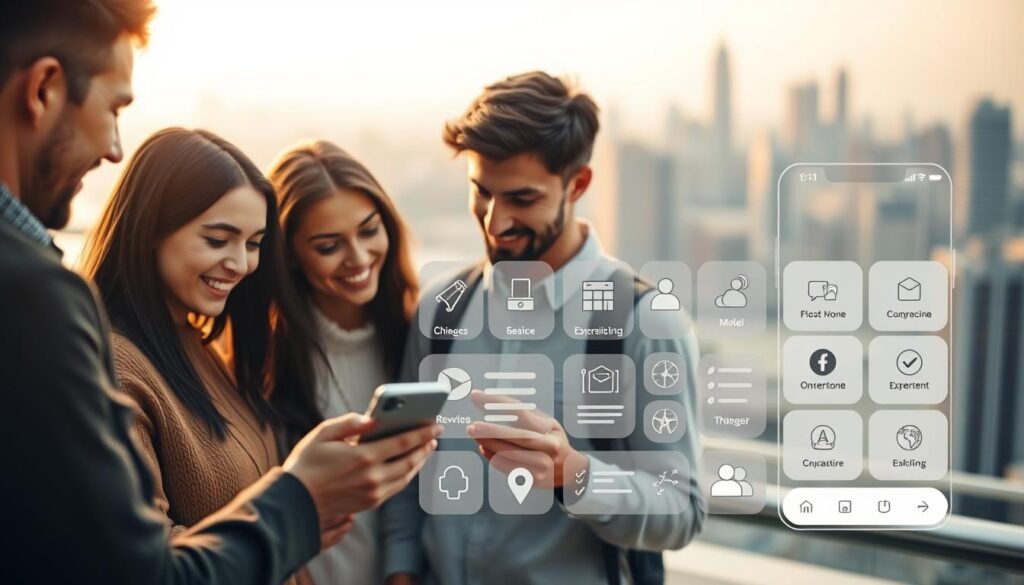 A serene and modern user interface, showcasing a minimalist design with clean lines, intuitive navigation, and crisp typography. In the foreground, a group of users interact seamlessly with a mobile device, their expressions conveying satisfaction and engagement. The middle ground features thoughtfully arranged UI elements, icons, and interactive features that enhance the overall user experience. The background depicts a blurred, softly-lit cityscape, hinting at the global connectivity and accessibility empowered by Geo Targetly's geolocation services. The lighting is warm and diffused, creating a calming and professional atmosphere that reflects the refinement and efficiency of the user experience.