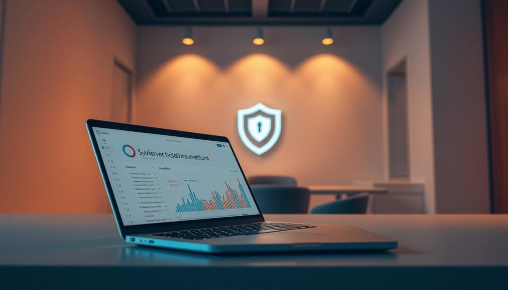 A serene and professional cybersecurity evaluation scene. In the foreground, a laptop displaying detailed analytics and cybersecurity metrics, casting a soft glow. In the middle ground, a stylized shield icon symbolizing security and protection. The background depicts a minimalist office setting with clean lines, muted colors, and subtle textures, creating a calming and focused atmosphere. Warm, directional lighting illuminates the scene, emphasizing the analytical nature of the cybersecurity assessment. The overall composition conveys a sense of expertise, diligence, and the importance of thorough cybersecurity evaluations.