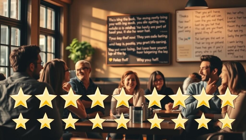 A serene cafe setting with warm, natural lighting filtering through large windows. In the foreground, a group of patrons are engaged in lively conversation, their faces alight with satisfaction as they share their experiences and opinions. The middle ground features a stylized, hand-drawn grid of user review stars, each one glowing with a subtle radiance, hinting at the positive sentiments expressed. In the background, a wall-mounted display showcases a curated collection of user testimonials, their heartfelt sentiments lending an air of authenticity and trust to the scene. The overall atmosphere conveys a sense of community, engagement, and the genuine value placed on user feedback.