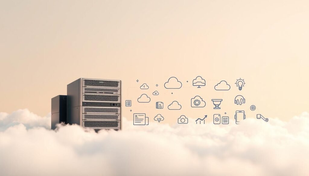 A serene cloud-like environment with a modern, elegant and minimalist aesthetic. In the foreground, a stack of servers in a sleek, metallic finish, representing the powerful computing infrastructure of a cloud hosting platform. In the middle ground, various cloud-shaped icons and illustrations depicting the key features of the cloud hosting service, such as scalability, reliability, and easy management. The background is a soft, ethereal gradient, conveying a sense of the boundless potential and flexibility of the cloud. Warm, diffused lighting casts a gentle glow, creating an atmosphere of professionalism and trustworthiness. The overall composition is balanced and visually striking, showcasing the advanced, reliable, and user-friendly nature of the cloud hosting solution.
