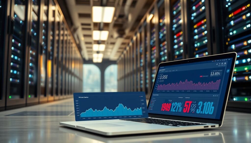 A serene data center filled with sleek, modern server racks, their LED lights casting a soft glow. In the foreground, a laptop display shows real-time performance metrics, with smooth graphs and charts showcasing the rapid response times and high uptime of InMotion Hosting's web hosting infrastructure. The background features a cityscape, hinting at the global reach and connectivity of this reliable web hosting service. The lighting is warm and inviting, conveying a sense of efficiency and professionalism. The overall scene exudes a confidence in the hosting platform's ability to power and support a wide range of web applications.