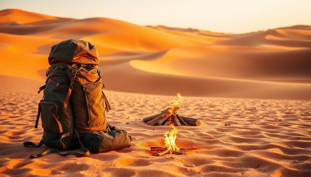 A serene desert landscape, with rolling sand dunes in the background. In the foreground, a traveler's backpack and hiking gear are neatly arranged, symbolizing the concept of "Travel Code: Saving Money". Warm, golden sunlight bathes the scene, creating a sense of adventure and exploration. The middle ground features a small campfire, its flames dancing gently, hinting at the cozy, money-saving experience of camping. The overall mood is one of simplicity, resourcefulness, and the joy of discovering new destinations without breaking the bank.
