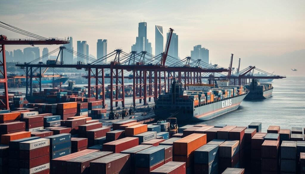 A serene global logistics hub, with cargo ships docked at a bustling international port. In the foreground, a network of cargo containers in a variety of colors, stacked high and efficient. The middle ground features cranes and forklifts deftly maneuvering shipments, conveying a sense of reliable, streamlined operations. In the background, skyscrapers and modern architecture evoke a thriving, cosmopolitan atmosphere. Soft, diffused lighting casts an air of tranquility over the scene, while a subtle haze suggests the scale and interconnectedness of this global shipping ecosystem. An image that captures the essence of reliable, worldwide logistics solutions.