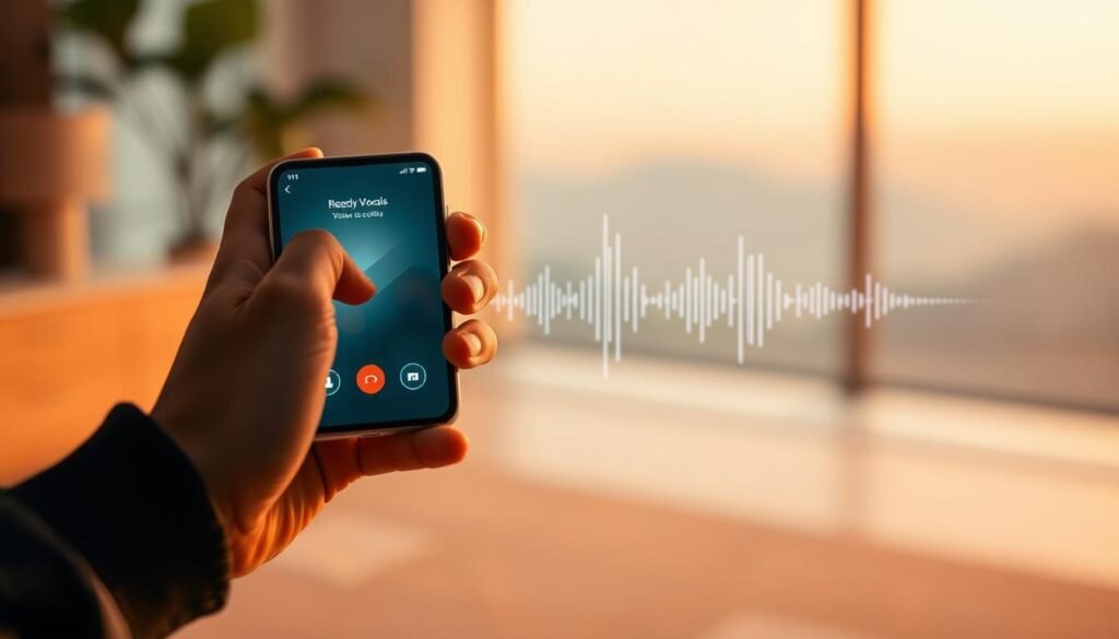 A serene, high-quality audio call with crystal-clear vocals and a peaceful ambiance. In the foreground, two disembodied hands hold a modern smartphone, the screen displaying a voice call interface. The middle ground features soft, blurred audio visualization waveforms, conveying the clarity and fidelity of the audio transmission. The background is a tranquil, out-of-focus scene, perhaps a natural landscape or a minimalist interior, setting a calming, focused tone. Warm, diffused lighting creates a sense of intimacy and comfort. The overall composition and color palette evoke a soothing, immersive experience of high-quality, uninterrupted audio communication.