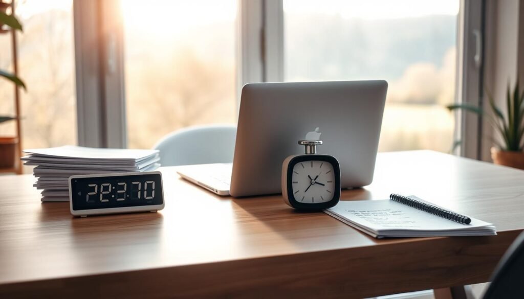 A serene home office setting with an organized desk, a minimalist laptop, and a neatly stacked pile of documents. Soft natural lighting streams in through large windows, casting a warm glow on the scene. In the foreground, a digital timer displays the time, symbolizing efficient time management. On the desk, a tactile analog clock and a strategically placed to-do list emphasize the harmonious balance of digital and analog tools. The background features a tranquil outdoor view, hinting at the importance of work-life harmony. The overall atmosphere conveys a sense of focused productivity and intentional time utilization.