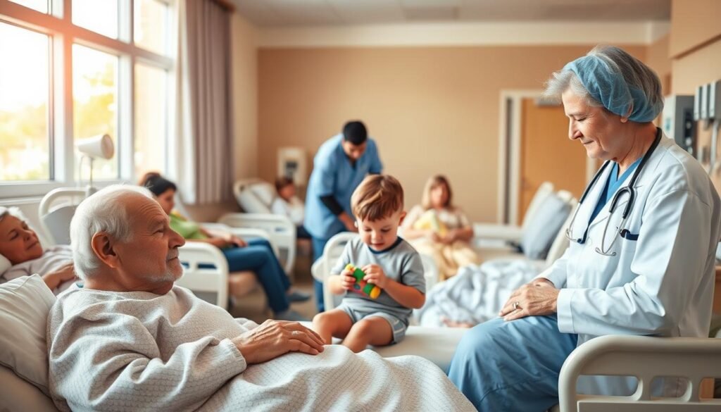 A serene hospital ward with patients of diverse ages and backgrounds, each receiving personalized care from attentive medical staff. The room is bathed in warm, natural lighting that filters through large windows, creating a calming atmosphere. In the foreground, a nurse gently checks on an elderly patient, their interaction conveying empathy and compassion. In the middle ground, a young child plays with a toy while a doctor examines them, their parents nearby, all of them engaged in the care process. In the background, other patients rest peacefully, their faces reflecting a sense of comfort and trust in the specialized attention they are receiving. The overall scene exudes a spirit of holistic, patient-centric healthcare. A serene hospital ward with patients of diverse ages and backgrounds, each receiving personalized care from attentive medical staff. The room is bathed in warm, natural lighting that filters through large windows, creating a calming atmosphere. In the foreground, a nurse gently checks on an elderly patient, their interaction conveying empathy and compassion. In the middle ground, a young child plays with a toy while a doctor examines them, their parents nearby, all of them engaged in the care process. In the background, other patients rest peacefully, their faces reflecting a sense of comfort and trust in the specialized attention they are receiving. The overall scene exudes a spirit of holistic, patient-centric healthcare.