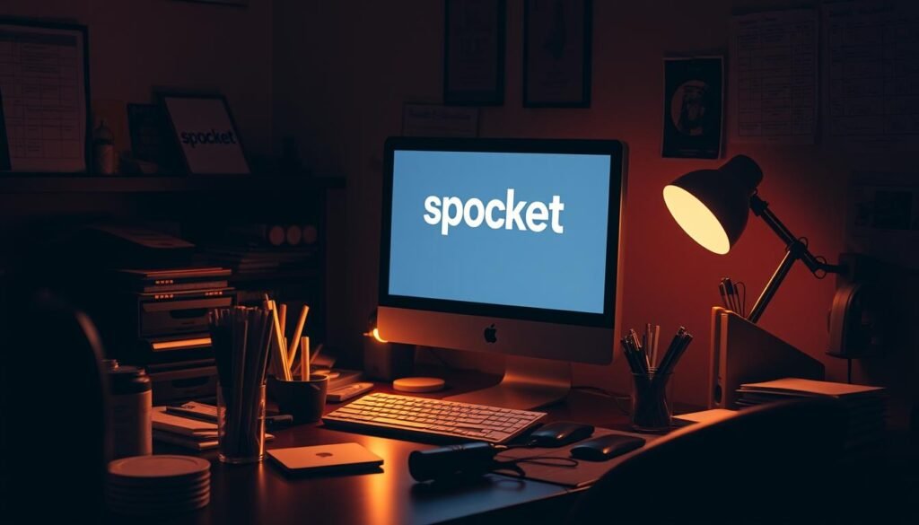 A serene office scene with a desktop computer and various office supplies, dimly lit with a warm, mellow ambiance. The computer screen displays the Spocket logo, but the surrounding area appears cluttered, disorganized, and slightly outdated, hinting at the platform's shortcomings. The lighting creates shadows and highlights areas of concern, drawing the viewer's attention to the less-than-ideal user experience. The overall mood is one of frustration and the need for improvement, guiding the viewer to the key issues with using Spocket.