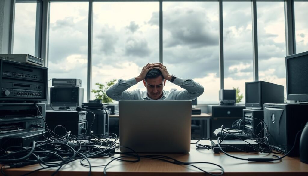 A serene office setting, bathed in soft, diffused lighting from large windows. In the foreground, a laptop sits on a cluttered desk, surrounded by a tangle of wires and outdated equipment. The middle ground features a frustrated office worker, hands on their head, expressions conveying the burden of technical issues and unreliable hosting services. In the background, a cloudy, ominous sky looms, symbolizing the unpredictable nature of subpar web hosting. The overall mood is one of stress, inefficiency, and the need for a more reliable, professional hosting solution.