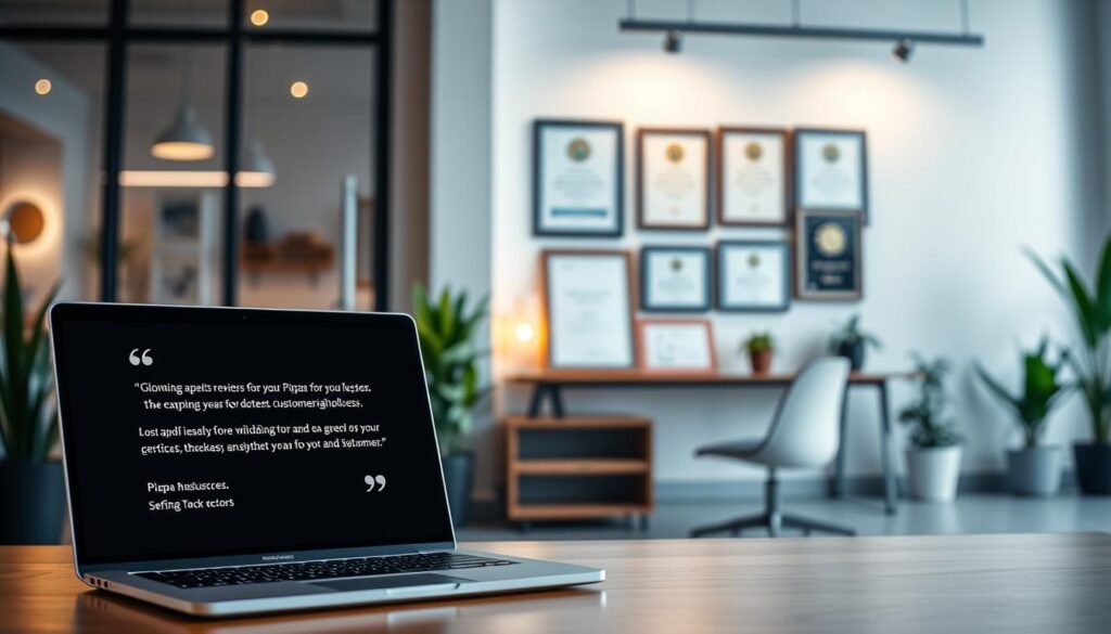 A serene office setting showcasing testimonials and success stories from Pixpa users. In the foreground, a sleek laptop displays glowing customer reviews in elegant typography, casting a warm glow. The midground features a display of framed award certificates and accolades, highlighting Pixpa's proven track record. The background depicts a stylish, minimalist workspace with potted plants, task lighting, and a sense of professionalism and productivity. The overall atmosphere conveys trust, credibility, and the positive experiences of Pixpa's satisfied clientele.