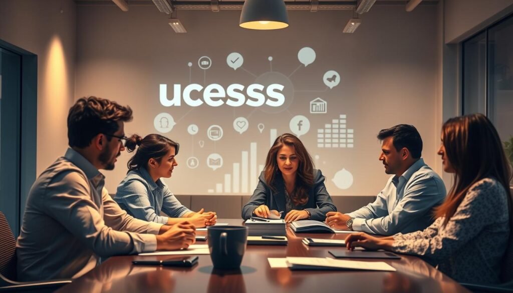 A serene office setting, with employees collaborating intently around a conference table. Warm lighting casts a soft glow, highlighting the focus and dedication on their faces as they discuss ways to enhance customer service. In the background, a stylized visual metaphor for "success stories" emerges, perhaps as a wall mural or projection, showcasing the positive impact of their efforts. The scene conveys a sense of professional pride, innovation, and a commitment to continuous improvement, all in service of Conduit AI's mission to optimize business operations.