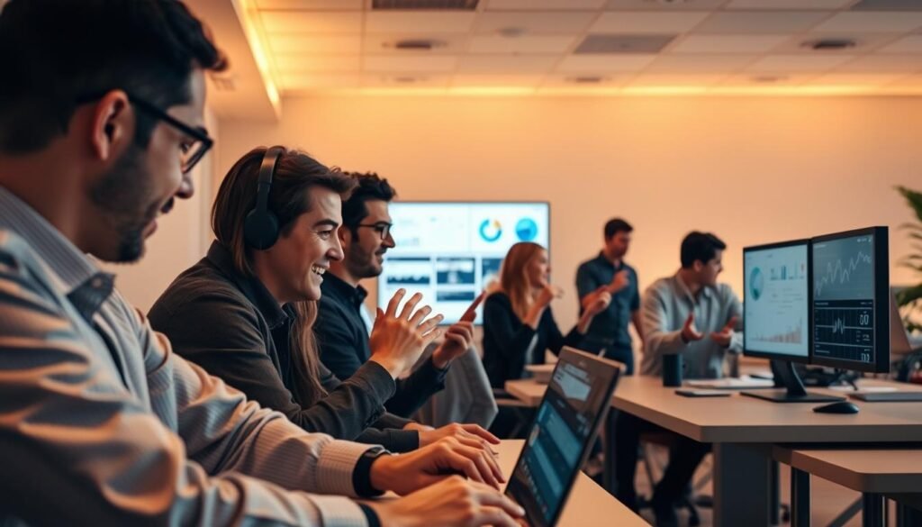 A serene office setting with users enthusiastically interacting with the Apollo.io sales software on their screens. Warm, diffused lighting casts a soft glow, creating an atmosphere of productivity and engagement. In the foreground, a group of professionals intently studying data visualizations and dashboards, their expressions conveying a sense of discovery and insights. The middle ground features users collaborating, gesturing animatedly as they discuss sales strategies. In the background, a modern, minimalist workspace with clean lines and muted tones, complementing the focused, collaborative nature of the scene. The overall mood is one of efficiency, camaraderie, and a shared appreciation for the powerful capabilities of the Apollo.io platform.