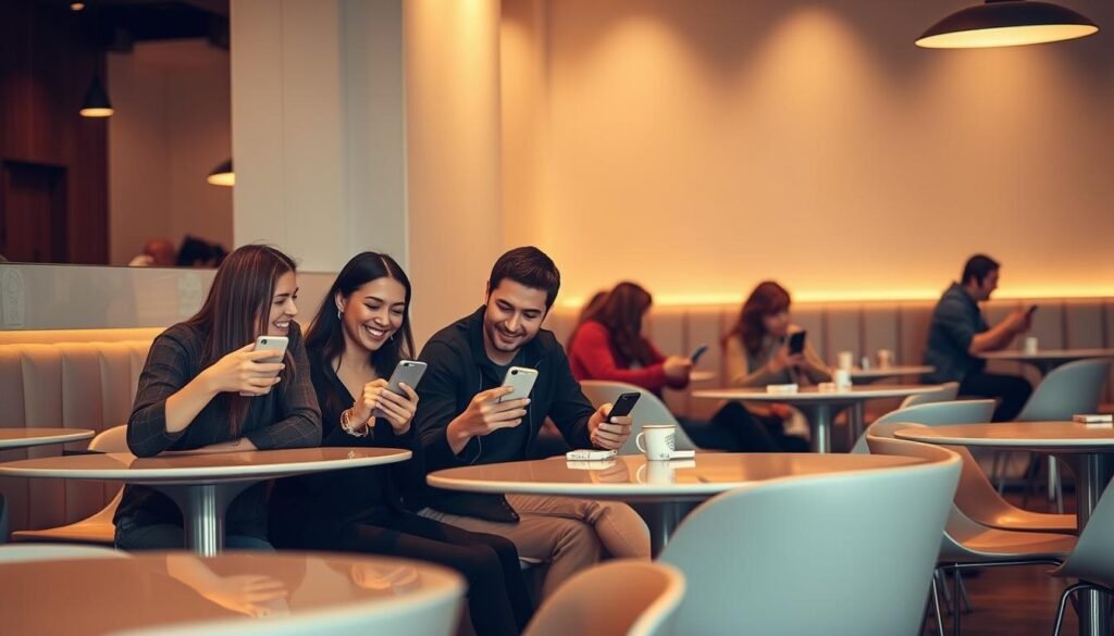 A serene, well-lit café setting with several customers sitting at sleek, minimalist tables, intently focused on their mobile devices. The warm, inviting atmosphere is enhanced by soft lighting and a stylish, modern interior design. In the foreground, a group of friends animatedly discuss their experiences with Nomad Internet, their expressions a mix of enthusiasm and satisfaction. In the background, other patrons can be seen browsing the web, streaming content, or messaging on their smartphones, all demonstrating the seamless connectivity and reliable performance of the Nomad Internet service. The overall scene conveys a sense of productivity, engagement, and the transformative impact of mobile internet solutions like Nomad Internet on modern lifestyles. A serene, well-lit café setting with several customers sitting at sleek, minimalist tables, intently focused on their mobile devices. The warm, inviting atmosphere is enhanced by soft lighting and a stylish, modern interior design. In the foreground, a group of friends animatedly discuss their experiences with Nomad Internet, their expressions a mix of enthusiasm and satisfaction. In the background, other patrons can be seen browsing the web, streaming content, or messaging on their smartphones, all demonstrating the seamless connectivity and reliable performance of the Nomad Internet service. The overall scene conveys a sense of productivity, engagement, and the transformative impact of mobile internet solutions like Nomad Internet on modern lifestyles.