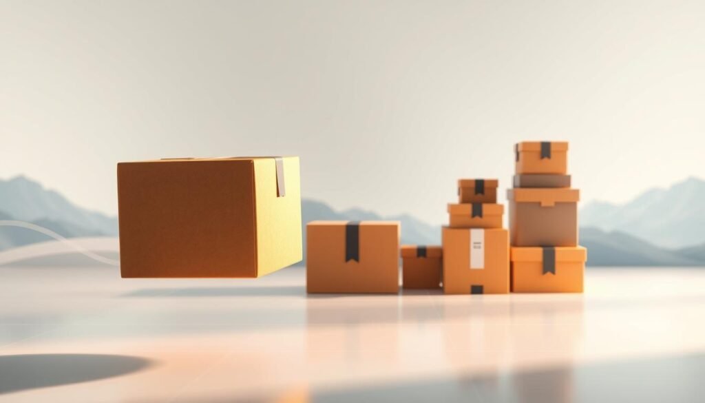 A serene, well-lit scene showcasing a variety of shipping and delivery solutions for an online store. In the foreground, a stylized package hovers, its surfaces reflecting the warm lighting. In the middle ground, a row of neatly stacked boxes in different sizes and colors represents the diversity of products available. The background features a minimalist, technology-inspired landscape with abstract shapes and subtle gradients, conveying a sense of efficiency and reliability. The overall composition exudes a sense of order, professionalism, and a focus on providing seamless shipping and delivery experiences for online customers.