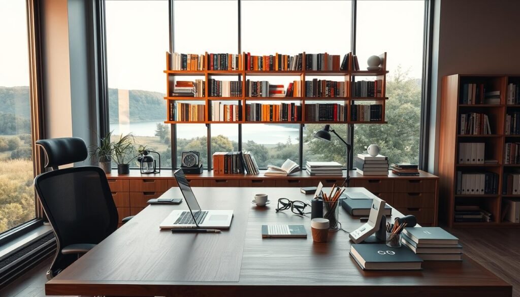 A serene workspace with a large, wooden desk and ergonomic chair. On the desk, an array of modern office tools and stationery, including a sleek laptop, a task lamp, and a tidy organization system. In the middle ground, a wall-mounted bookshelf filled with relevant books and resources, casting warm, diffused lighting across the scene. The background features a large window overlooking a tranquil, natural landscape, with soft, natural lighting filtering in. The overall atmosphere exudes a sense of focused productivity and accessible support. A serene workspace with a large, wooden desk and ergonomic chair. On the desk, an array of modern office tools and stationery, including a sleek laptop, a task lamp, and a tidy organization system. In the middle ground, a wall-mounted bookshelf filled with relevant books and resources, casting warm, diffused lighting across the scene. The background features a large window overlooking a tranquil, natural landscape, with soft, natural lighting filtering in. The overall atmosphere exudes a sense of focused productivity and accessible support.