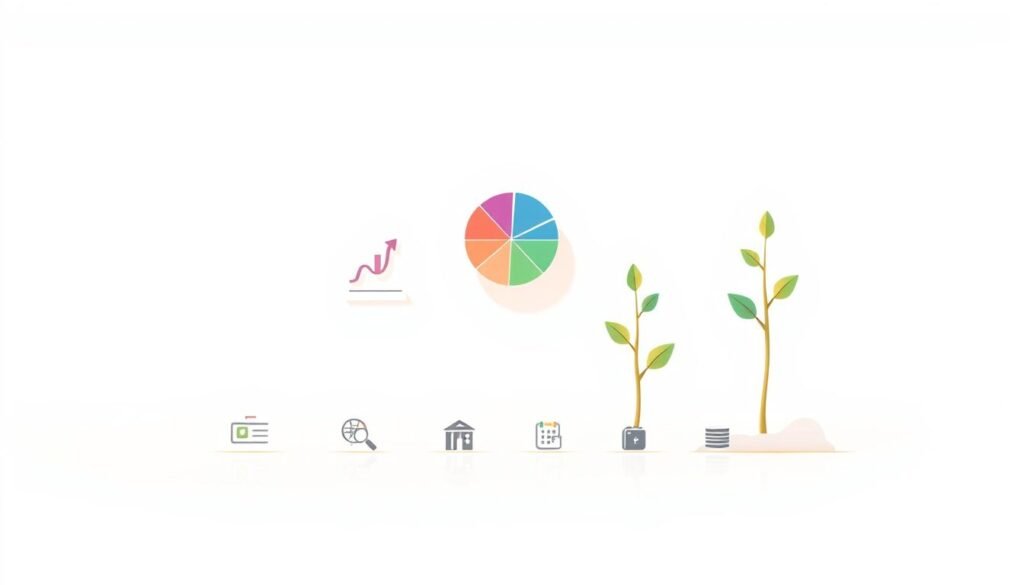 A sleek and minimalist illustration showcasing the key features of the Refresh.me personal finance management tool. In the foreground, neatly arranged icons represent core functionalities like budgeting, expense tracking, and financial goal setting, all bathed in a soft, muted color palette. The middle ground features stylized visual metaphors, such as a pie chart depicting asset allocation or a growing money tree, conveying the tool's analytical and wealth-building capabilities. The background is a clean, white space, allowing the key elements to take center stage under warm, directional lighting that casts subtle shadows, creating depth and emphasizing the tool's user-friendly, intuitive design.