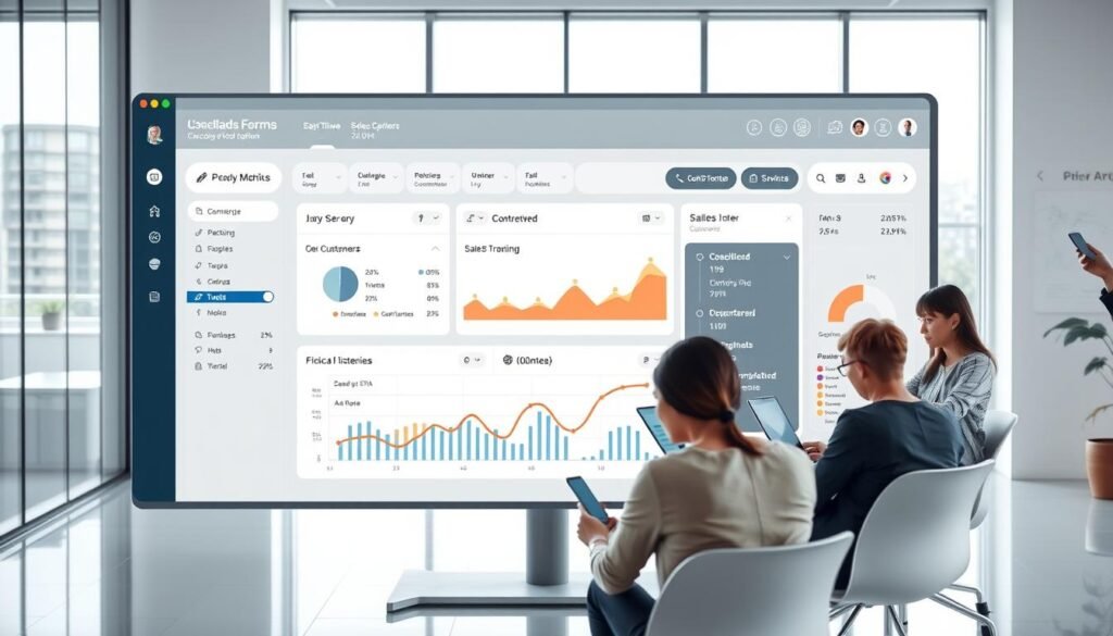A sleek and modern CRM platform for sales teams, showcasing a clean dashboard with intuitive data visualizations, lead management tools, and sales pipeline analytics. The interface has a muted color palette with splashes of vibrant accents, conveying a sense of professionalism and efficiency. In the foreground, a team of sales representatives collaborates seamlessly, utilizing the platform's features on their laptops and mobile devices. The middle ground depicts a dynamic sales funnel, with customer data and metrics presented in a clear and compelling manner. The background features a minimalist office setting, with large windows allowing natural light to flood the space, creating a bright and productive atmosphere.
