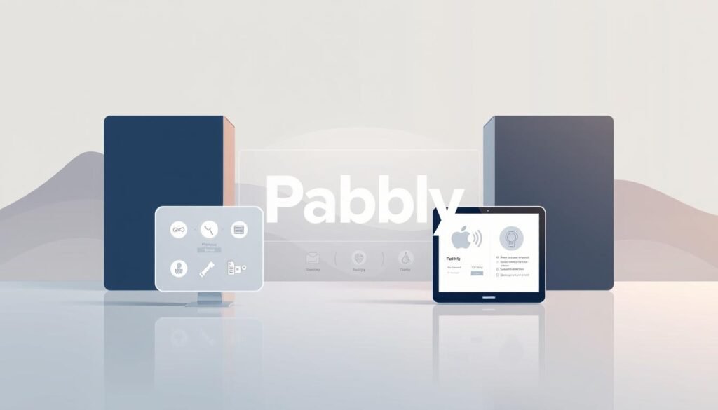 A sleek and modern digital payment platform, Pabbly, showcased in a stylized illustration. The foreground displays Pabbly's key features - secure online transactions, seamless integration, and user-friendly interface - depicted through clean icons and minimalist graphics. The middle ground highlights the platform's reliability and versatility, with subtle references to its adaptability across devices and industries. The background scene reflects a minimalist, tech-inspired ambiance, featuring muted tones, geometric patterns, and a subtle sense of depth to create an overall sophisticated and professional atmosphere. Careful attention is given to lighting, angles, and composition to convey Pabbly's strengths and advantages in an aesthetically pleasing and visually engaging manner.