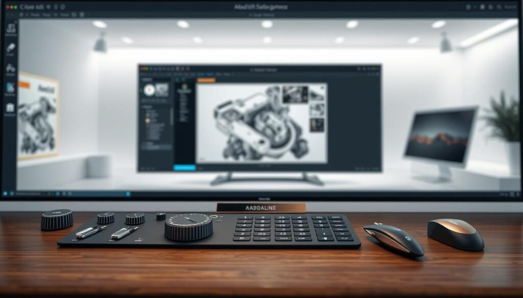 A sleek and modern graphic design software interface, showcasing the advanced capabilities of Amadine. In the foreground, elegant tools and icons are neatly arranged, hinting at the software's intuitive user experience. The middle ground features a digital illustration or 3D model, demonstrating Amadine's powerful visualization and rendering capabilities. The background depicts a clean, minimalist workspace, with subtle lighting and a sense of depth, emphasizing Amadine's streamlined and professional design aesthetic. The overall mood is one of sophistication, productivity, and creative potential, inviting comparisons to leading industry-standard design applications.
