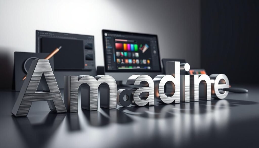 A sleek and modern graphic design software suite called Amadine, showcasing its latest updates and innovative features. The foreground displays the Amadine logo prominently, rendered in a stylish 3D form with elegant, brushed-metal textures. In the middle ground, various graphic design tools and interface elements are depicted, including a pen tablet, color palette, and intuitive UI controls. The background features a minimalist, gradient-filled environment, creating a sense of depth and emphasizing the software's advanced capabilities. The lighting is soft and directional, casting subtle shadows that accentuate the product's refined aesthetics. The overall mood is one of sophistication, innovation, and the seamless integration of digital art tools.