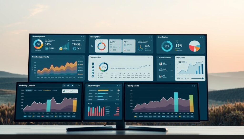 A sleek and modern marketing dashboard with a clean, intuitive interface. In the foreground, key metrics and analytics are displayed on high-resolution screens, showcasing user engagement, campaign performance, and sales data. The middle ground features various tools and widgets, including a content calendar, social media scheduling, and lead management. In the background, a minimalist landscape with soft lighting and muted colors sets a professional and focused atmosphere. The overall composition emphasizes the comprehensive nature of the marketing platform, designed to streamline workflows and empower data-driven decision-making. A sleek and modern marketing dashboard with a clean, intuitive interface. In the foreground, key metrics and analytics are displayed on high-resolution screens, showcasing user engagement, campaign performance, and sales data. The middle ground features various tools and widgets, including a content calendar, social media scheduling, and lead management. In the background, a minimalist landscape with soft lighting and muted colors sets a professional and focused atmosphere. The overall composition emphasizes the comprehensive nature of the marketing platform, designed to streamline workflows and empower data-driven decision-making.