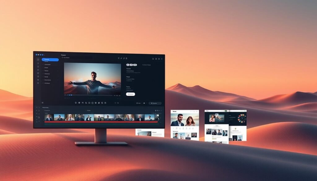 A sleek and modern video editing and web design tool, showcased in an elegant digital environment. The foreground features the tool's intuitive interface, with various editing controls and an active video preview. In the middle ground, a collection of website templates and UI elements demonstrate the tool's versatility. The background depicts a minimalist, tech-inspired landscape with clean lines, subtle gradients, and a sense of minimalism that reflects the tool's streamlined functionality. Warm lighting and a sophisticated color palette create a professional, high-quality atmosphere befitting a state-of-the-art digital design suite. A sleek and modern video editing and web design tool, showcased in an elegant digital environment. The foreground features the tool's intuitive interface, with various editing controls and an active video preview. In the middle ground, a collection of website templates and UI elements demonstrate the tool's versatility. The background depicts a minimalist, tech-inspired landscape with clean lines, subtle gradients, and a sense of minimalism that reflects the tool's streamlined functionality. Warm lighting and a sophisticated color palette create a professional, high-quality atmosphere befitting a state-of-the-art digital design suite.