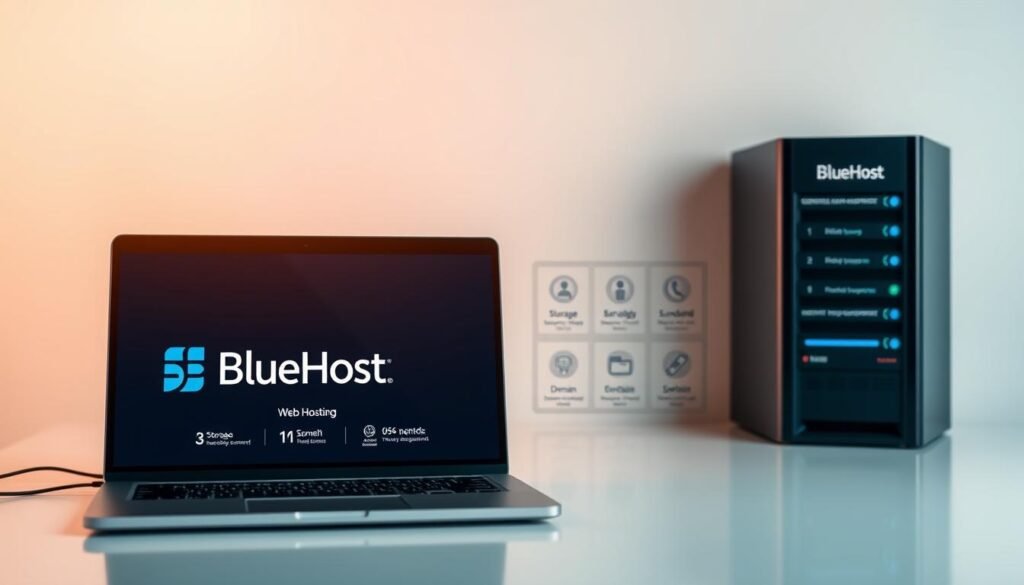 A sleek and modern web hosting plan showcased against a clean, minimalist background. In the foreground, a laptop displays the BlueHost logo and various hosting features like storage, bandwidth, and domain management. The middle ground features thoughtfully arranged icons and infographic elements to illustrate the key benefits of the hosting package. The background has a subtle grid pattern or technology-inspired motif, creating a professional, enterprise-ready atmosphere. Warm, directional lighting casts subtle shadows, giving depth and dimension to the composition. The overall tone is sophisticated, trustworthy, and visually compelling, reflecting the reliability and quality of the BlueHost hosting solution. A sleek and modern web hosting plan showcased against a clean, minimalist background. In the foreground, a laptop displays the BlueHost logo and various hosting features like storage, bandwidth, and domain management. The middle ground features thoughtfully arranged icons and infographic elements to illustrate the key benefits of the hosting package. The background has a subtle grid pattern or technology-inspired motif, creating a professional, enterprise-ready atmosphere. Warm, directional lighting casts subtle shadows, giving depth and dimension to the composition. The overall tone is sophisticated, trustworthy, and visually compelling, reflecting the reliability and quality of the BlueHost hosting solution.