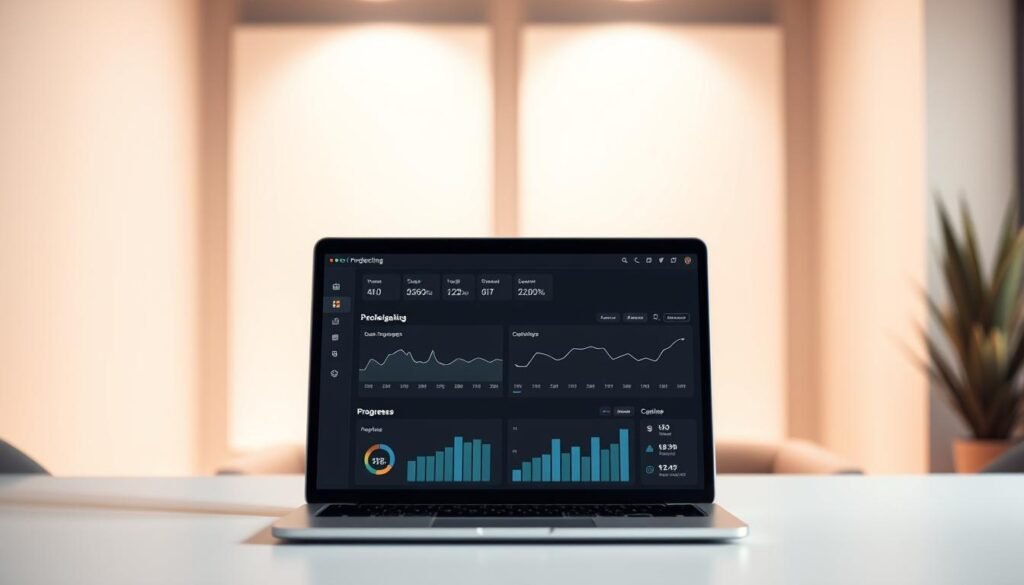 A sleek, intuitive productivity tracking platform against a minimalist, monochromatic backdrop. In the foreground, a stylized dashboard display showcases real-time analytics and progress metrics, with clean typography and elegant data visualizations. The middle ground features a laptop or tablet device, its screen displaying a seamless user interface for managing tasks, deadlines, and team collaboration. The background is a softly blurred scene, hinting at a modern, technology-driven office environment. Warm, diffused lighting casts a subtle glow, creating a sense of focus and productivity. The overall aesthetic conveys a sense of efficiency, control, and data-driven insights.