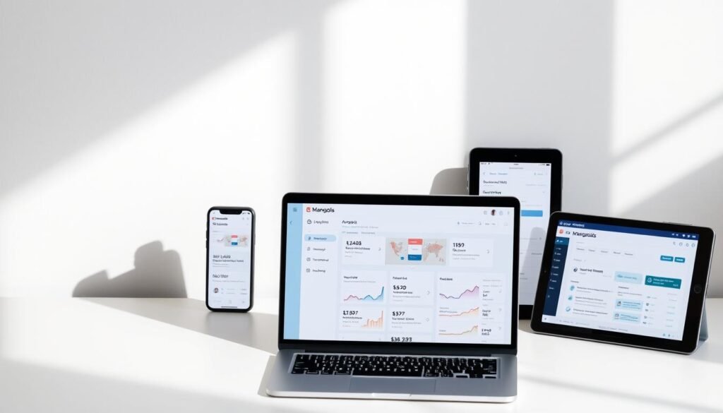 A sleek, minimalist desktop workspace with various SEO optimization tools prominently displayed. In the foreground, a laptop showcases the Mangools interface, its intuitive design and user-friendly layout. In the middle ground, a smartphone and tablet showcase complementary SEO analytics and keyword research tools. The background features a clean, neutral-toned wall, accentuating the modern, professional atmosphere. Soft, directional lighting casts subtle shadows, adding depth and emphasizing the tools' features. The overall composition conveys a sense of efficiency, organization, and the accessible nature of these SEO resources for beginners.