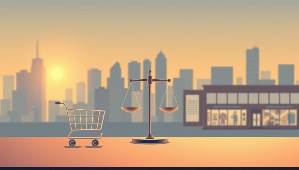 A sleek, minimalist digital illustration showcasing the pros and cons of e-commerce platforms. In the foreground, a stylized shopping cart icon representing the convenience and accessibility of online shopping. In the middle ground, a balanced scale symbolizing the tradeoffs between cost-savings and logistical challenges. In the background, a cityscape with both modern skyscrapers and traditional storefronts, hinting at the hybrid nature of the digital-physical retail landscape. The scene is bathed in a warm, golden-hour glow, creating a contemplative, considered atmosphere. Subtle textures and flat, geometric shapes lend a clean, professional aesthetic suitable for a business-focused article.