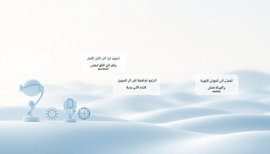 A sleek, minimalist illustration showcasing a series of frequently asked questions about artificial intelligence. The foreground features a group of abstract, elegant icons representing AI-related concepts such as machine learning, automation, and data analysis. The middle ground depicts a clean, futuristic interface with floating panels displaying the questions in both Arabic and English, creating a visually striking and informative presentation. The background is a softly blurred, gradient-based landscape, setting a tone of sophistication and technological prowess. Lighting is subtle, with a gentle, diffused glow accentuating the clean lines and geometric shapes. The overall composition conveys a sense of clarity, professionalism, and the seamless integration of AI in modern society.