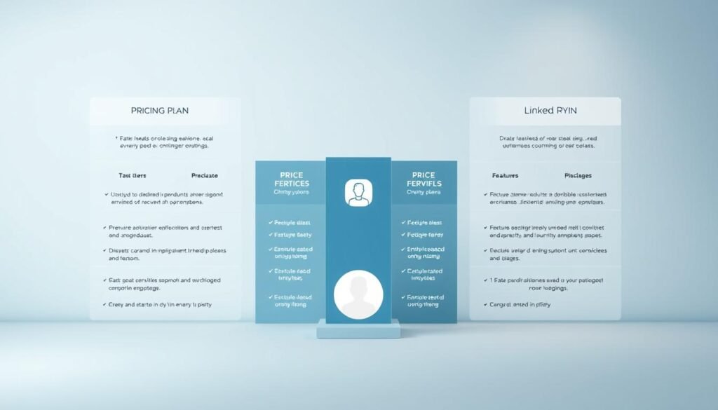 A sleek, minimalist infographic showcasing the pricing plans and packages for LinkedIn optimization services. The foreground features elegant, typographic layouts of the various plan tiers, with clear delineation of features and benefits. The middle ground presents a stylized LinkedIn profile icon, hinting at the core service offering. The background has a subtle, gradient-based color scheme that evokes a professional, corporate ambiance. Soft, diffused lighting creates a sophisticated, high-end aesthetic. The overall composition conveys a sense of clarity, value, and the potential for elevating one's LinkedIn presence. A sleek, minimalist infographic showcasing the pricing plans and packages for LinkedIn optimization services. The foreground features elegant, typographic layouts of the various plan tiers, with clear delineation of features and benefits. The middle ground presents a stylized LinkedIn profile icon, hinting at the core service offering. The background has a subtle, gradient-based color scheme that evokes a professional, corporate ambiance. Soft, diffused lighting creates a sophisticated, high-end aesthetic. The overall composition conveys a sense of clarity, value, and the potential for elevating one's LinkedIn presence.