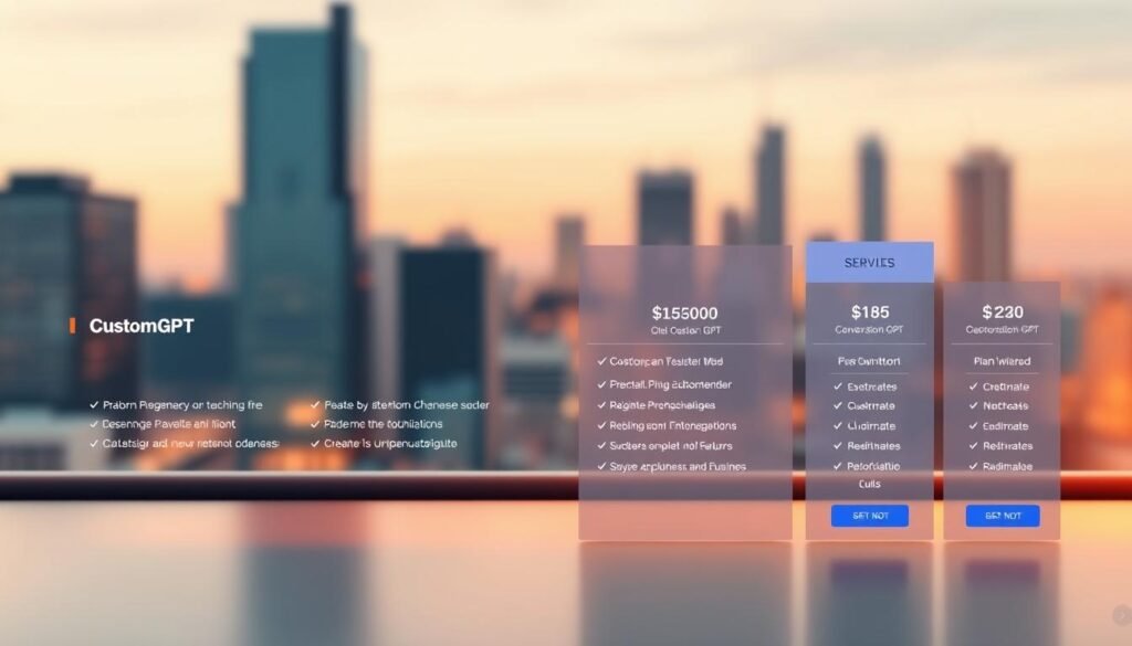 A sleek, minimalist interface showcasing a range of CustomGPT pricing and plan options. The foreground features clean, modern typography detailing the different service tiers, their features, and corresponding costs. In the middle ground, elegant data visualizations and icons illustrate the key benefits of each plan. The background depicts a softly blurred, high-tech cityscape, conveying a sense of innovation and progress. Warm, directional lighting casts a subtle glow, creating depth and emphasizing the premium feel of the CustomGPT offerings. The overall scene exudes a professional, enterprise-ready aesthetic suitable for a business-focused AI solutions provider. A sleek, minimalist interface showcasing a range of CustomGPT pricing and plan options. The foreground features clean, modern typography detailing the different service tiers, their features, and corresponding costs. In the middle ground, elegant data visualizations and icons illustrate the key benefits of each plan. The background depicts a softly blurred, high-tech cityscape, conveying a sense of innovation and progress. Warm, directional lighting casts a subtle glow, creating depth and emphasizing the premium feel of the CustomGPT offerings. The overall scene exudes a professional, enterprise-ready aesthetic suitable for a business-focused AI solutions provider.