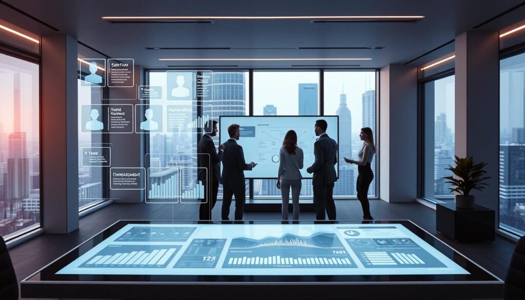 A sleek, minimalist office interior with a focus on customer relationship management technology. In the foreground, a desk with a touchscreen display showcasing customer data analytics and insights. Floating holographic interfaces with customer profiles and engagement histories hover above the desk, bathed in a soft, ambient light. In the middle ground, a team of stylishly dressed professionals collaborating around a large interactive whiteboard, strategizing ways to optimize the customer experience. The background features floor-to-ceiling windows overlooking a futuristic cityscape, hinting at the advanced, intelligent systems powering this cutting-edge CRM workflow.
