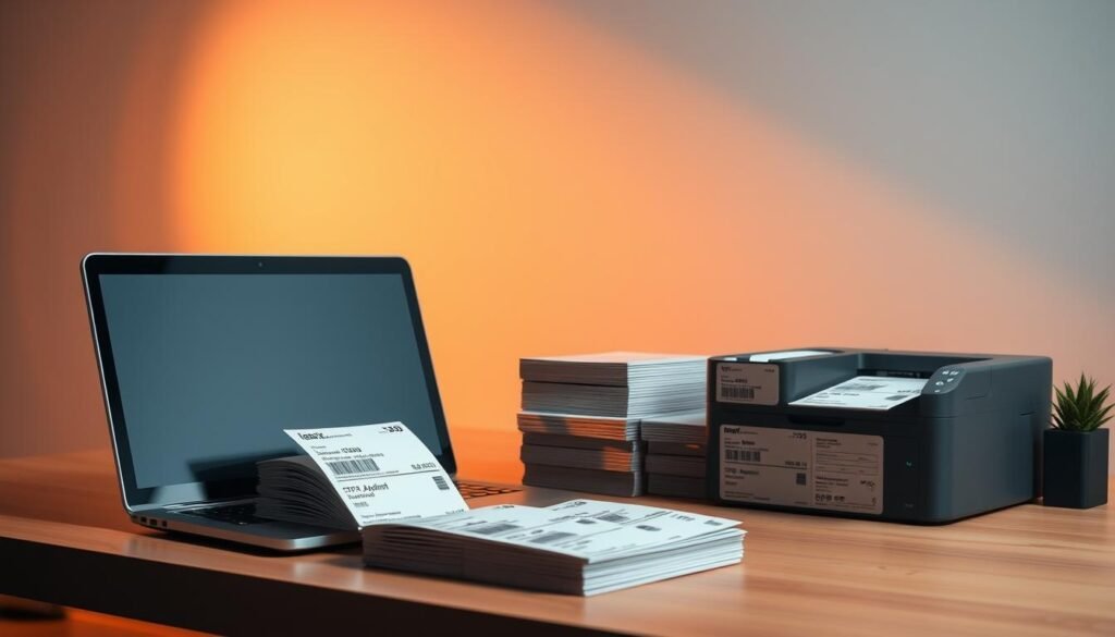 A sleek, minimalist office workspace with a laptop, stacks of shipping labels, and a high-resolution printer. Warm, directional lighting casts subtle shadows, creating a professional, efficient atmosphere. The workspace is uncluttered, with a focus on the printing and labeling process. The labels feature crisp, legible text and logos, conveying a sense of reliable, streamlined shipping. The overall scene suggests a seamless, automated shipping workflow that saves time and effort.