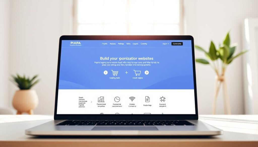 A sleek, minimalist website creation platform set against a bright, airy backdrop. The foreground features a laptop displaying a vibrant, responsive web interface with intuitive design tools. In the middle ground, stylized icons and graphics representing Pixpa's key features - responsive layouts, customizable templates, e-commerce capabilities, and seamless content management. The background showcases a serene, sun-dappled workspace, conveying the ease and efficiency of building professional websites on the Pixpa platform. Soft, directional lighting highlights the clean, modern aesthetic. The overall mood is one of simplicity, productivity, and empowerment for users to craft their online presence.