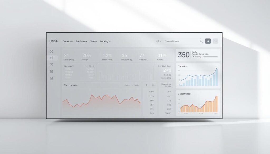 A sleek, minimalist website interface showcasing a dashboard view of site conversion tracking. The foreground features elegant charts, graphs, and data visualizations highlighting key performance metrics. The middle ground includes intuitive user interface elements like navigation menus, filters, and customization tools. The background has a subtle, neutral color palette with clean lines and shapes to create a professional, technology-driven ambiance. Soft, directional lighting from the top-left casts dynamic shadows, adding depth and dimension. The overall composition conveys a sense of clarity, efficiency, and data-driven insights to optimize website conversions.