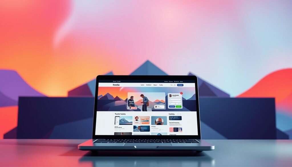 A sleek, modern AI-powered website builder interface floating against a vibrant, abstract background. In the foreground, a laptop screen displays a seamless drag-and-drop website creation process, with intuitive design tools and real-time previews. In the middle ground, three-dimensional geometric shapes and gradient-filled planes create a dynamic, futuristic atmosphere. The lighting is soft and diffused, casting a warm, inviting glow on the scene. The entire composition conveys a sense of effortless, AI-driven web design - a powerful, yet user-friendly solution for building your dream website in minutes.