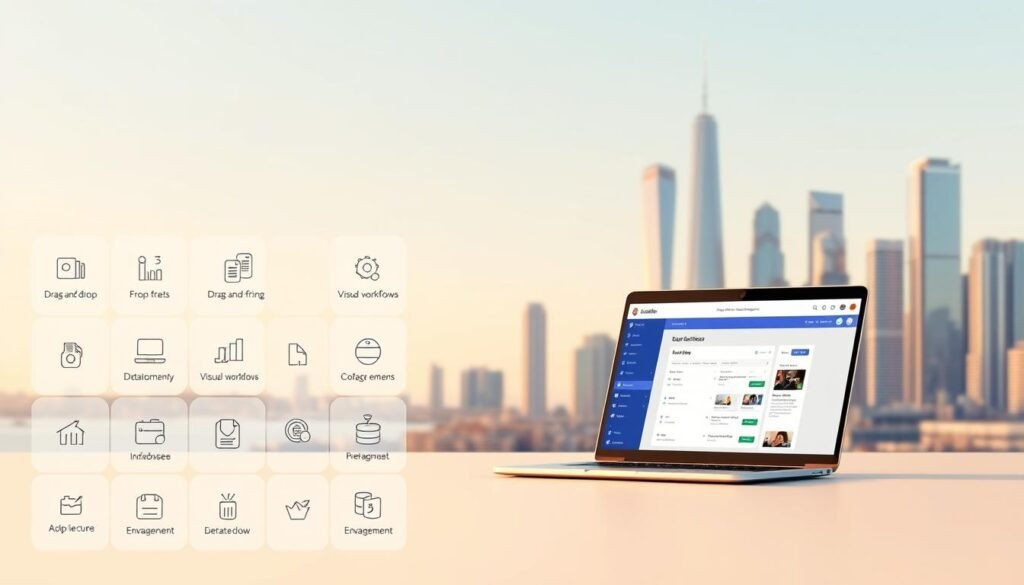 A sleek, modern UI design showcasing the key features of Bubble.io's no-code development platform. In the foreground, a minimalist icon grid highlights intuitive drag-and-drop tools, visual workflows, and database management. The middle ground features a laptop displaying a Bubble.io interface, showcasing the platform's low-code development environment. In the background, a stylized cityscape with towering skyscrapers represents the scalability and enterprise-readiness of Bubble.io's solutions. Warm lighting casts a professional, business-oriented atmosphere, while the clean, uncluttered composition emphasizes Bubble.io's user-friendly, code-free approach to application development.