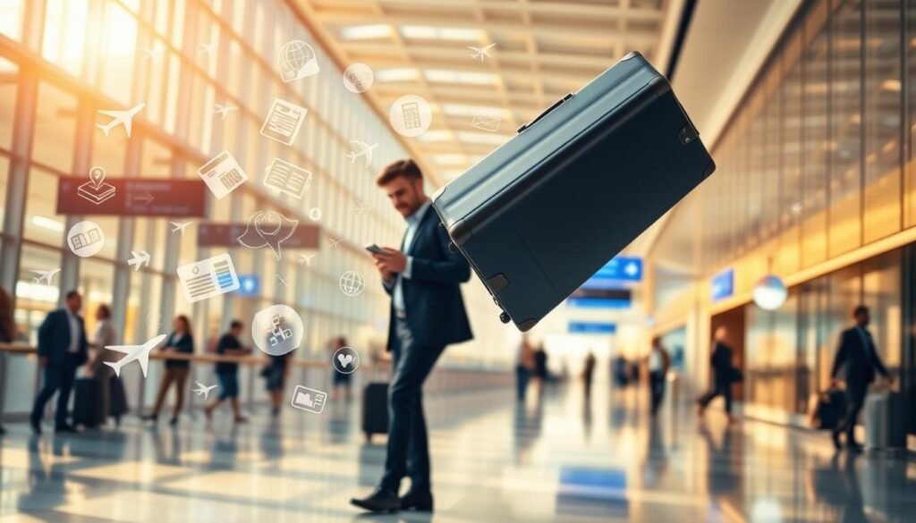 A sleek, modern business traveler's suitcase levitates effortlessly, surrounded by a flurry of digital booking confirmations, route maps, and airport icons. In the background, a busy airport terminal bustles with activity, its glass walls letting in warm, golden sunlight that casts a productive, efficient atmosphere. The traveler, dressed in a sharp suit, stands confidently, their phone in hand, as they seamlessly manage their journey with the help of travel code deals that optimize every aspect of their trip. The scene conveys a sense of streamlined, hassle-free business travel, empowered by technology and cost-saving solutions. A sleek, modern business traveler's suitcase levitates effortlessly, surrounded by a flurry of digital booking confirmations, route maps, and airport icons. In the background, a busy airport terminal bustles with activity, its glass walls letting in warm, golden sunlight that casts a productive, efficient atmosphere. The traveler, dressed in a sharp suit, stands confidently, their phone in hand, as they seamlessly manage their journey with the help of travel code deals that optimize every aspect of their trip. The scene conveys a sense of streamlined, hassle-free business travel, empowered by technology and cost-saving solutions.