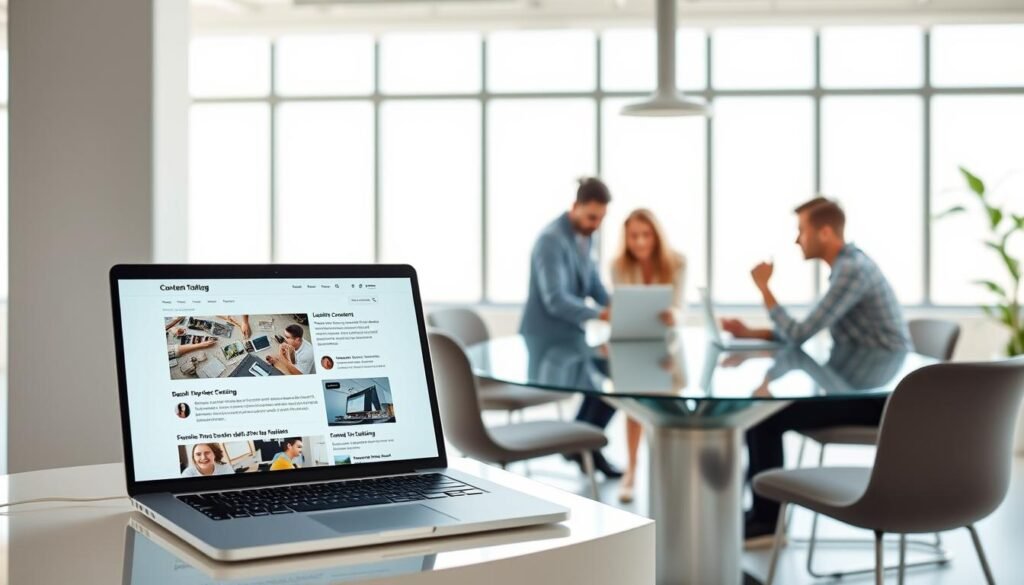 A sleek, modern content-to-blog conversion platform set against a minimalist, light-filled workspace. In the foreground, a laptop displays a clean, intuitive interface with seamless transitions between content types. In the middle ground, a team collaborates around a glass-topped table, discussing design choices and optimizing the platform's features. The background showcases floor-to-ceiling windows, allowing natural light to flood the space and create a sense of openness and productivity. The overall mood is one of efficiency, innovation, and a commitment to streamlining the blogging process.