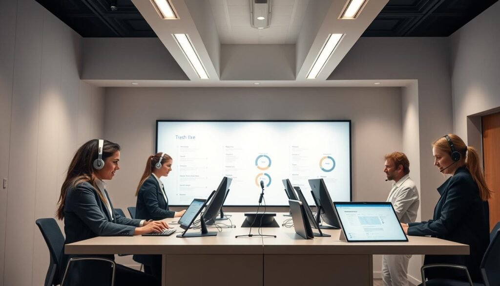 A sleek, modern customer service and technical support desk, staffed by attentive and knowledgeable representatives. The environment is bright and inviting, with clean lines, muted tones, and subtle, indirect lighting that creates a calming atmosphere. The representatives, dressed in professional attire, exude a sense of warmth and competence as they assist customers with their inquiries. The desk is equipped with the latest technology, including high-resolution displays and intuitive software, enabling the team to provide efficient and personalized support. The overall scene conveys a sense of trust, reliability, and a commitment to exceptional customer experience. A sleek, modern customer service and technical support desk, staffed by attentive and knowledgeable representatives. The environment is bright and inviting, with clean lines, muted tones, and subtle, indirect lighting that creates a calming atmosphere. The representatives, dressed in professional attire, exude a sense of warmth and competence as they assist customers with their inquiries. The desk is equipped with the latest technology, including high-resolution displays and intuitive software, enabling the team to provide efficient and personalized support. The overall scene conveys a sense of trust, reliability, and a commitment to exceptional customer experience.