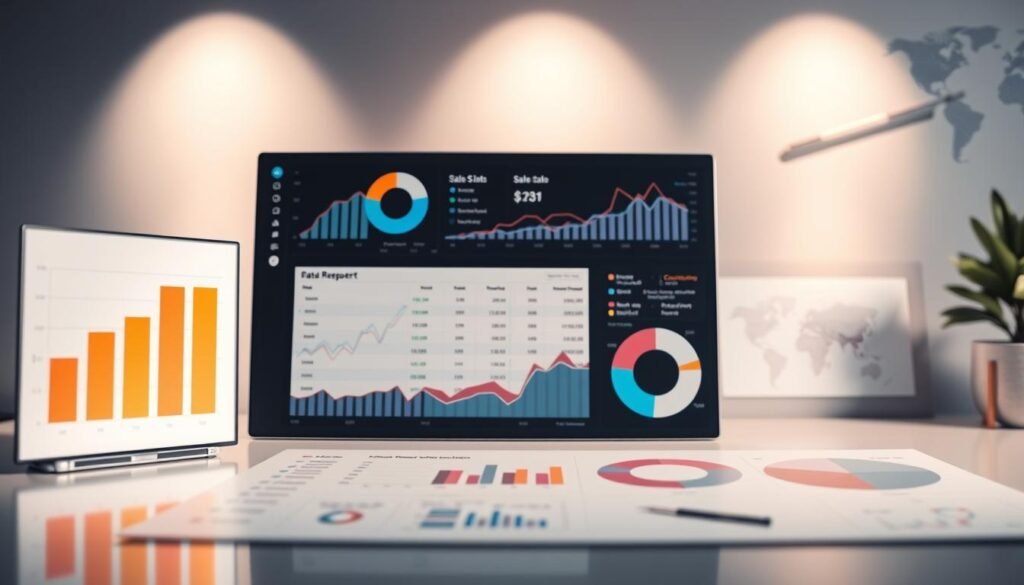 A sleek, modern data analysis dashboard displaying various charts, graphs, and visualizations. The foreground features a bar chart, line graph, and pie chart showing sales metrics and trends. The middle ground showcases a tabular sales report and a scatter plot. In the background, a stylized world map provides a global sales overview. The lighting is soft and directional, casting subtle shadows that accentuate the depth and dimensionality of the elements. The overall mood is one of insightful, data-driven decision making, with a professional, streamlined aesthetic to match the Nutshell.com brand.