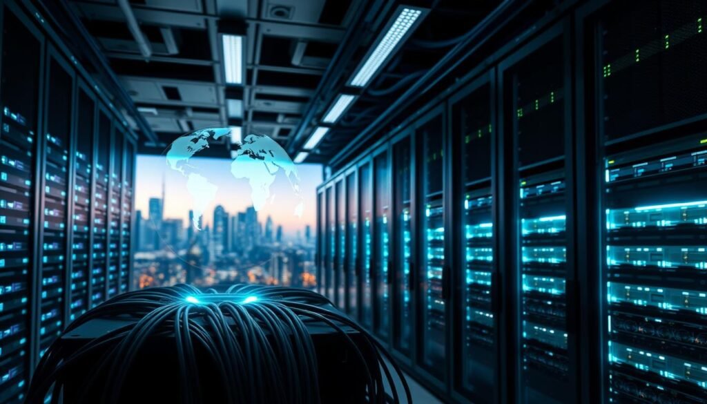 A sleek, modern data center with rows of secure server racks, glowing with a soft blue-green ambient lighting. In the foreground, a cluster of high-performance networking equipment, cables neatly organized and monitored by a holographic control panel. The background features a panoramic view of a city skyline, symbolizing the global reach and reliability of the web hosting services. The overall atmosphere conveys a sense of technological sophistication, rock-solid security, and unwavering protection for mission-critical web applications.