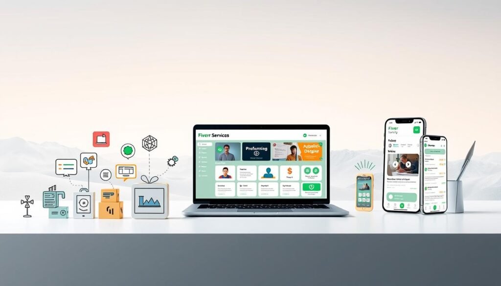 A sleek, modern digital services illustration showcasing the key features of Fiverr. In the foreground, a variety of digital icons and UI elements representing services like graphic design, video editing, programming, and writing. In the middle ground, a laptop and mobile device displaying the Fiverr platform interface, highlighting its user-friendly layout and range of offerings. The background features a clean, minimalist landscape with subtle geometric patterns, conveying a sense of innovation and technological prowess. The lighting is soft and diffused, creating a professional and sophisticated atmosphere. The overall composition emphasizes the versatility, accessibility, and efficiency of Fiverr's digital services.