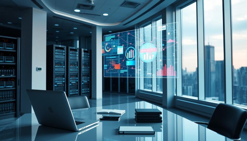 A sleek, modern office interior with floor-to-ceiling windows overlooking a bustling city skyline. In the foreground, a desk with a laptop, tablet, and various digital devices symbolizing data brokerage and online information management. The middle ground features a large, holographic display projecting colorful visualizations of data flows and analytics. In the background, shelves filled with server racks and networking equipment, bathed in a cool, bluish lighting. The scene conveys a sense of technological sophistication, data-driven decision making, and the comprehensive coverage of online reputation management services. A sleek, modern office interior with floor-to-ceiling windows overlooking a bustling city skyline. In the foreground, a desk with a laptop, tablet, and various digital devices symbolizing data brokerage and online information management. The middle ground features a large, holographic display projecting colorful visualizations of data flows and analytics. In the background, shelves filled with server racks and networking equipment, bathed in a cool, bluish lighting. The scene conveys a sense of technological sophistication, data-driven decision making, and the comprehensive coverage of online reputation management services.