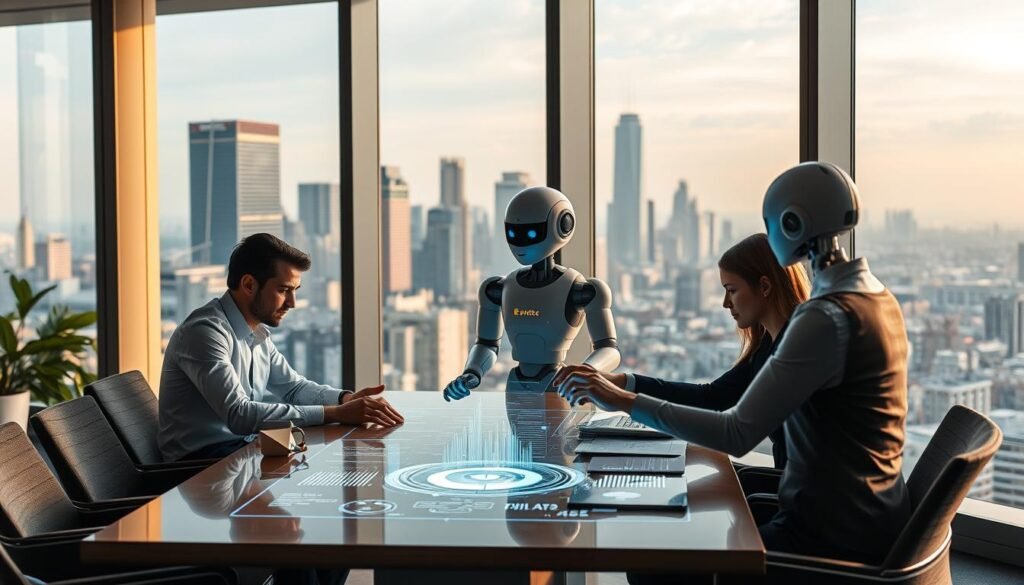 A sleek, modern office interior with large windows overlooking a bustling cityscape. In the foreground, a team of professionals collaborate around a stylish conference table, their expressions focused as they interact with a holographic display showcasing intricate data visualizations. The middle ground features a robotic assistant proactively tending to administrative tasks, seamlessly integrating AI-driven efficiency into the workflow. In the background, the city skyline glimmers with the promise of technological progress, underscoring how Pipes.AI's AI-powered pipeline management solutions elevate business operations. Soft, warm lighting creates an atmosphere of productivity and innovation, reflecting the transformative impact of AI on modern enterprises. A sleek, modern office interior with large windows overlooking a bustling cityscape. In the foreground, a team of professionals collaborate around a stylish conference table, their expressions focused as they interact with a holographic display showcasing intricate data visualizations. The middle ground features a robotic assistant proactively tending to administrative tasks, seamlessly integrating AI-driven efficiency into the workflow. In the background, the city skyline glimmers with the promise of technological progress, underscoring how Pipes.AI's AI-powered pipeline management solutions elevate business operations. Soft, warm lighting creates an atmosphere of productivity and innovation, reflecting the transformative impact of AI on modern enterprises.