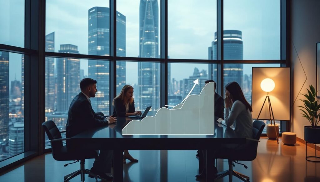 A sleek, modern office interior with large windows overlooking a bustling cityscape. In the foreground, a team of business professionals gathered around a conference table, engaged in a lively discussion. On the table, a stylized graph depicting an upward trajectory, representing business growth strategies. Soft, warm lighting illuminates the scene, creating a professional and productive atmosphere. In the background, abstract geometric shapes and minimalist decor elements subtly allude to the digital nature of the "Growth-x.com" platform. The overall composition conveys a sense of strategic planning, collaboration, and a forward-looking approach to driving business growth. A sleek, modern office interior with large windows overlooking a bustling cityscape. In the foreground, a team of business professionals gathered around a conference table, engaged in a lively discussion. On the table, a stylized graph depicting an upward trajectory, representing business growth strategies. Soft, warm lighting illuminates the scene, creating a professional and productive atmosphere. In the background, abstract geometric shapes and minimalist decor elements subtly allude to the digital nature of the "Growth-x.com" platform. The overall composition conveys a sense of strategic planning, collaboration, and a forward-looking approach to driving business growth.