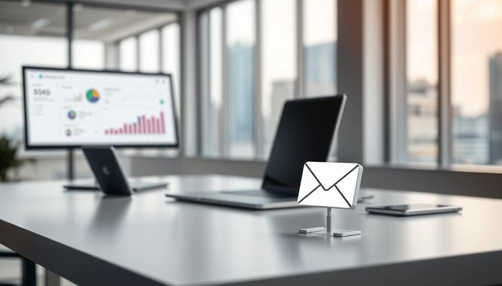 A sleek, modern office scene with a laptop, smartphone, and email marketing analytics dashboard displayed on the screens. Soft, diffused lighting illuminates the workspace, creating a productive and focused atmosphere. In the foreground, a stylized illustration of an email envelope icon symbolizes the automation and efficiency of email marketing campaigns. The middle ground features a minimalist, clean-lined desk setup, while the background showcases a blurred cityscape view through large windows, suggesting the broader business context. The overall composition conveys the concept of "أتمتة التسويق عبر البريد الإلكتروني" - the automation and optimization of email marketing to save time and boost sales.