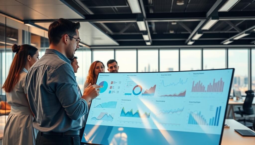 A sleek, modern office setting with a group of diverse professionals deeply engaged in using a sophisticated data analytics platform. The foreground showcases a large interactive display screen, with intuitive visualizations and dashboards capturing their attention. In the middle ground, the team collaborates intently, gesturing and discussing insights. The background features minimalist, well-lit workstations and a panoramic city skyline visible through floor-to-ceiling windows, conveying a sense of innovation and productivity. The lighting is soft and warm, creating a welcoming, professional atmosphere. The angle is slightly elevated, allowing the viewer to observe the seamless, efficient workflow of this Pipes.AI user experience.