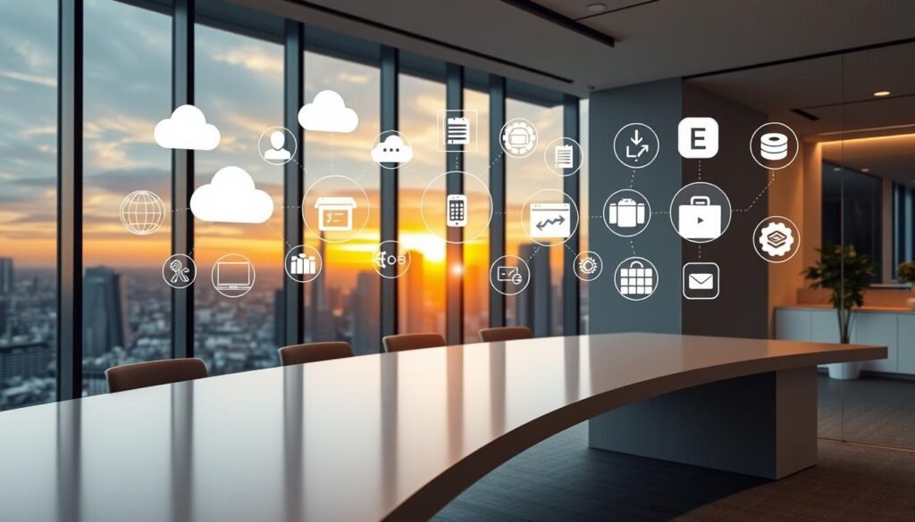 A sleek, modern office setting with a large, curved desk in the foreground. Various digital devices and workflow integration icons float above the desk, including cloud storage, communication tools, task management apps, and automation software. The background features a cityscape through large windows, with a vibrant sunset casting a warm glow. Soft, directional lighting highlights the technology and creates a sense of focus and productivity. The overall composition conveys the efficiency and interconnectedness of a well-integrated workflow ecosystem.